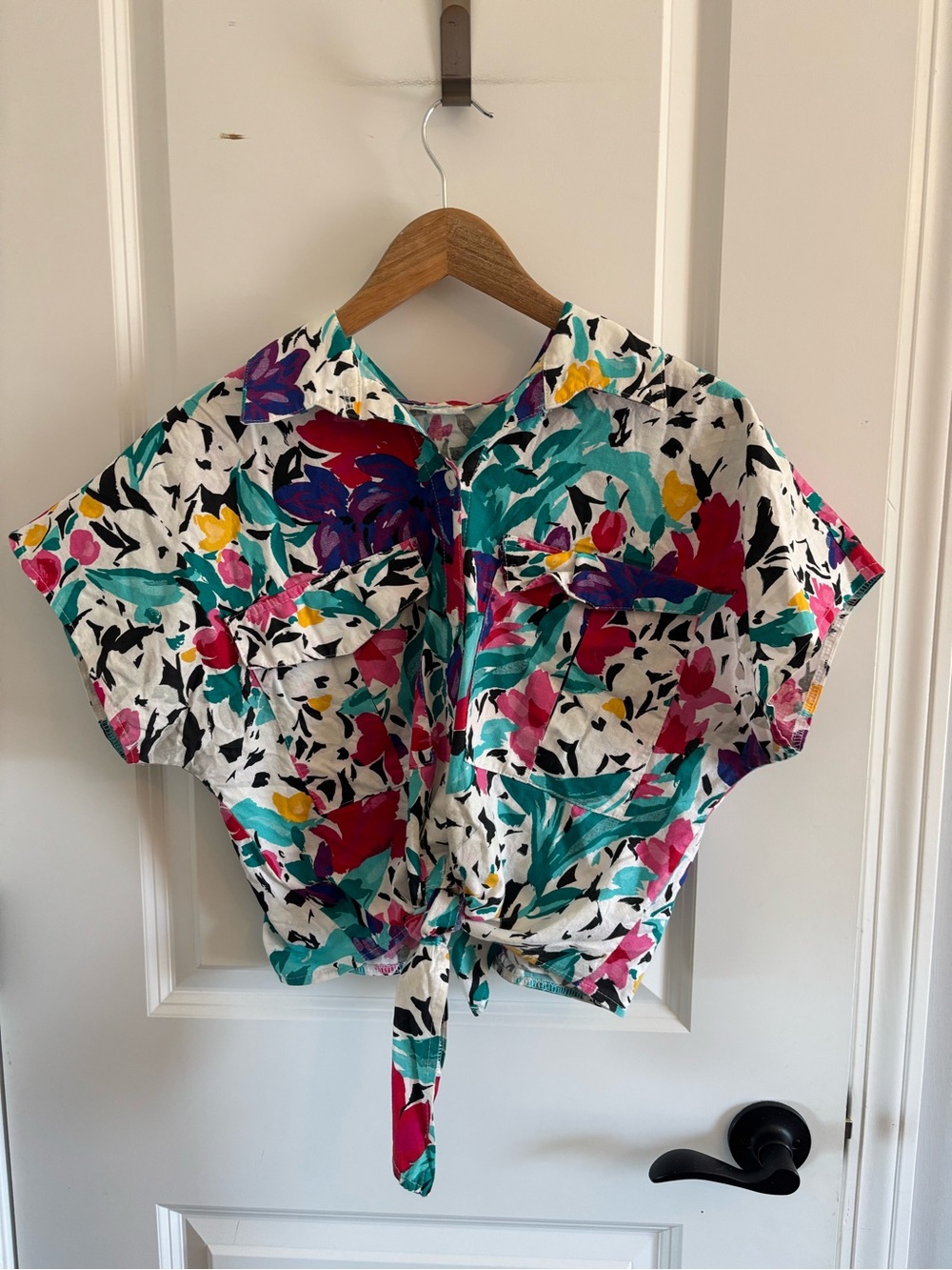 Vintage Floral Tie-Front Crop Top - White, Teal, Fuchsia, Purple, Yellow, Black